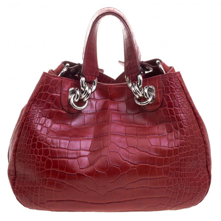 Pre Owned Furla Red Croc Embossed Leather Shoulder Bag