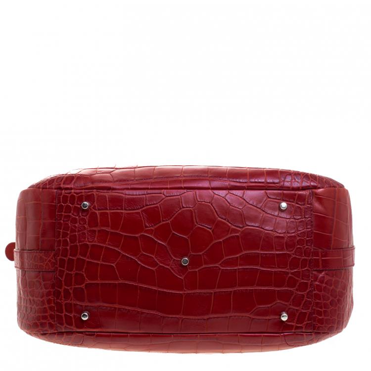 Pre Owned Furla Red Croc Embossed Leather Shoulder Bag