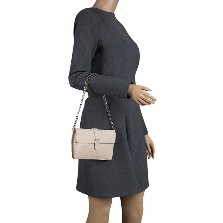 Pre Owned Furla Beige Ostrich Embossed Leather Chain Clutch