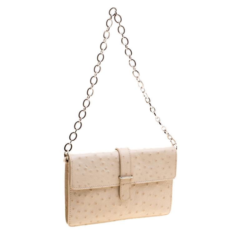 Pre Owned Furla Beige Ostrich Embossed Leather Chain Clutch
