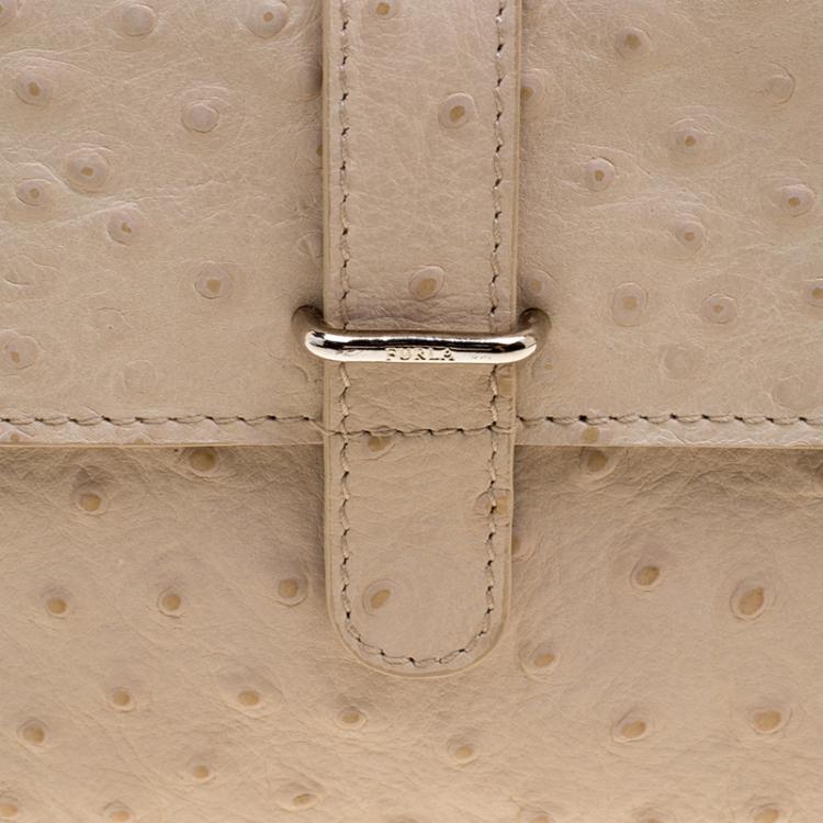 Pre Owned Furla Beige Ostrich Embossed Leather Chain Clutch