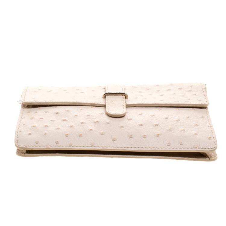 Pre Owned Furla Beige Ostrich Embossed Leather Chain Clutch