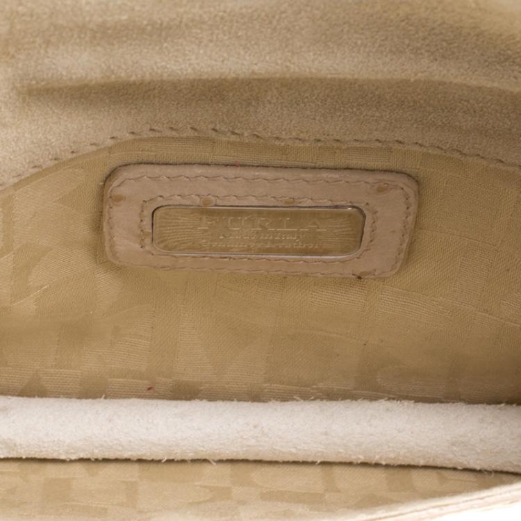 Pre Owned Furla Beige Ostrich Embossed Leather Chain Clutch
