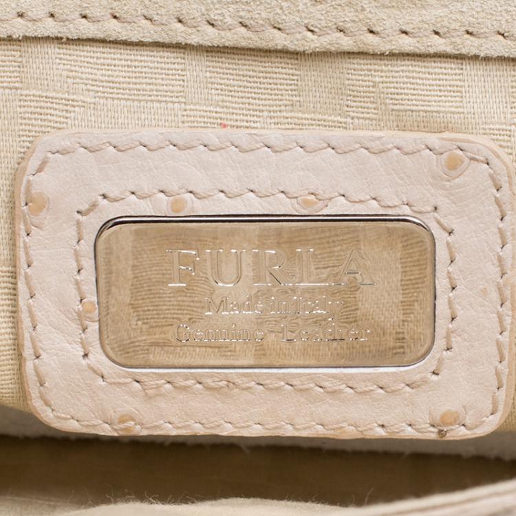 Pre Owned Furla Beige Ostrich Embossed Leather Chain Clutch