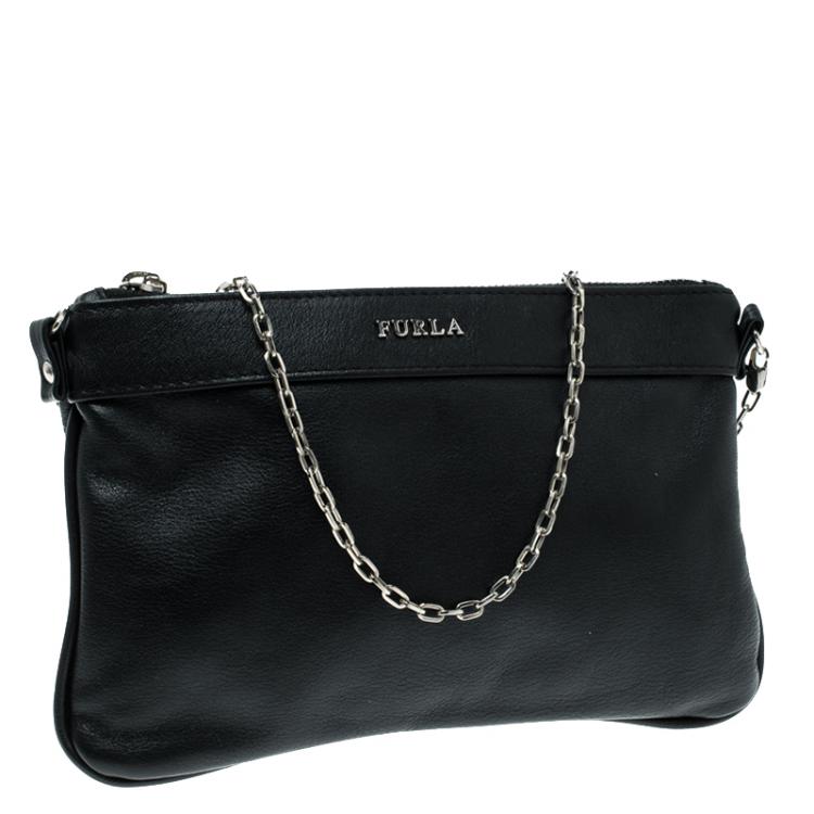 Pre Owned Furla Black Leather Chain Clutch