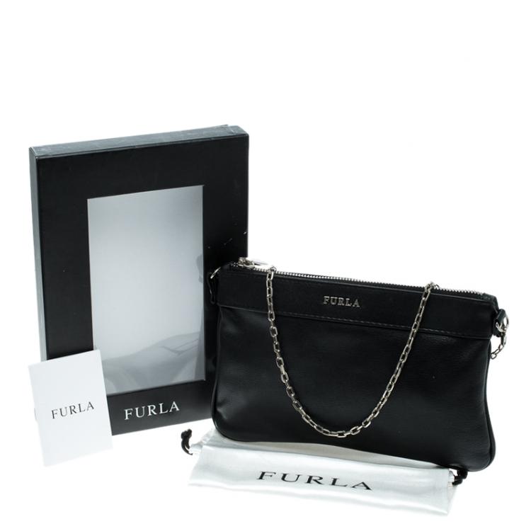 Pre Owned Furla Black Leather Chain Clutch