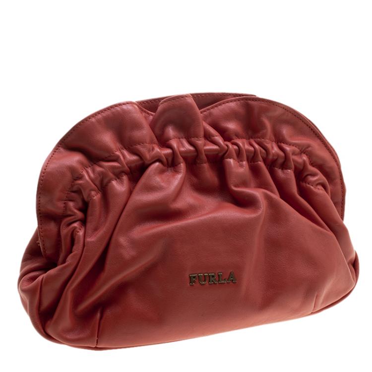 Pre Owned Furla Red Leather Ruffle Clutch