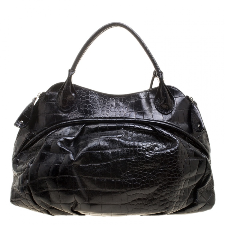 Pre Owned Furla Black Croc Embossed Leather Hobo