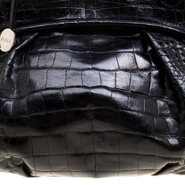 Pre Owned Furla Black Croc Embossed Leather Hobo