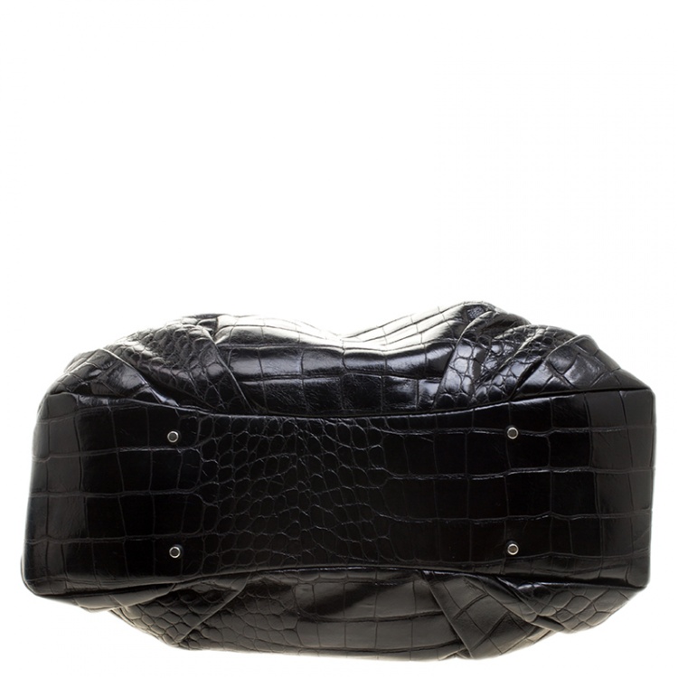 Pre Owned Furla Black Croc Embossed Leather Hobo