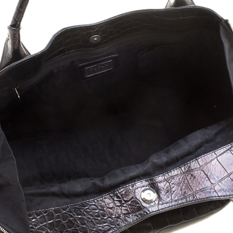 Pre Owned Furla Black Croc Embossed Leather Hobo