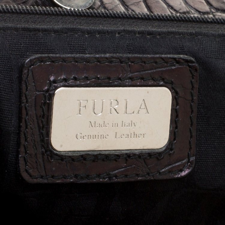 Pre Owned Furla Black Croc Embossed Leather Hobo