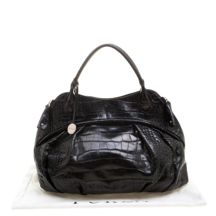 Pre Owned Furla Black Croc Embossed Leather Hobo