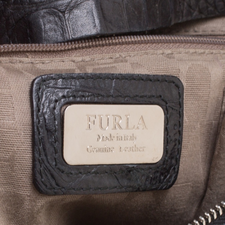 Pre Owned Furla Black Croc Embossed Leather Large Piper Dome Satchel