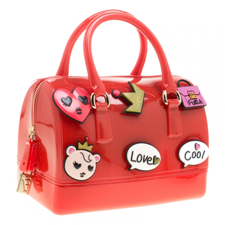 Pre Owned Furla Red Glossy Rubber Applique Candy Cookie Mini Satchel 