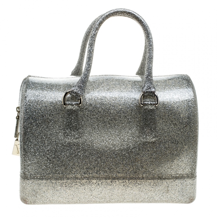 Pre Owned Furla Grey/Silver Shimmering Glossy Rubber Candy Satchel