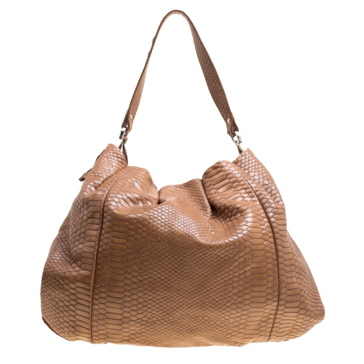 Pre Owned Furla Brown Python Embossed Leather Drawstring Shoulder Bag