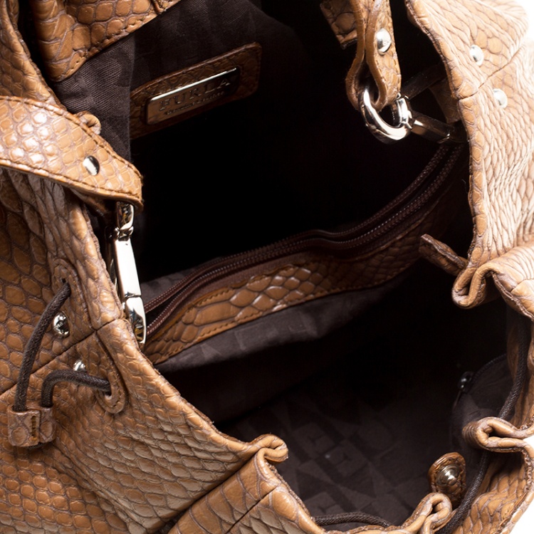 Pre Owned Furla Brown Python Embossed Leather Drawstring Shoulder Bag