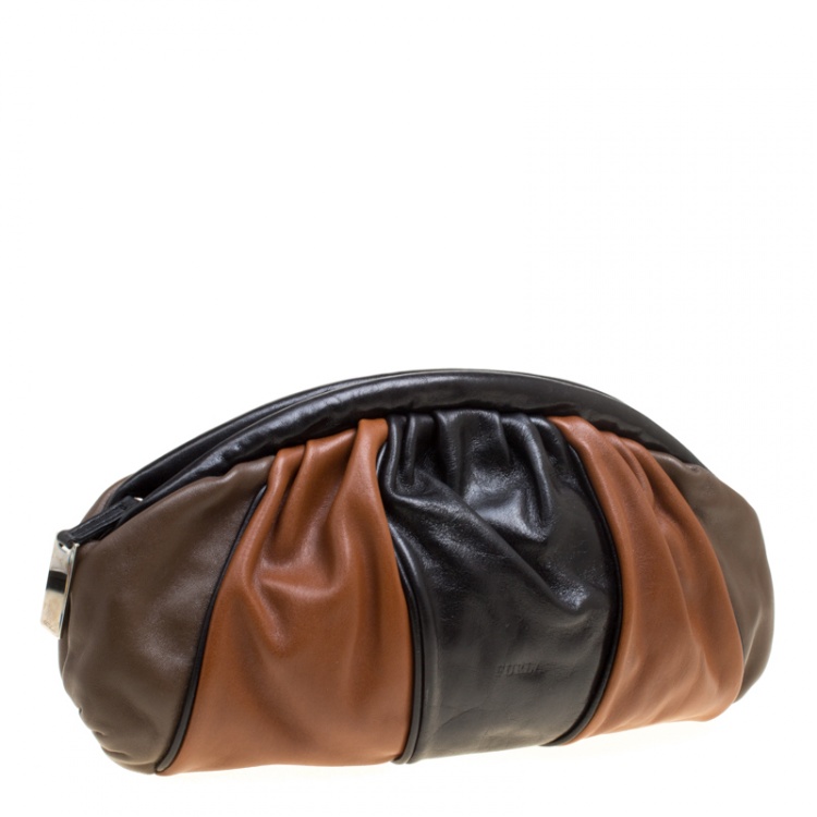 Pre Owned Furla Tri Color Pleated Leather Frame Clutch