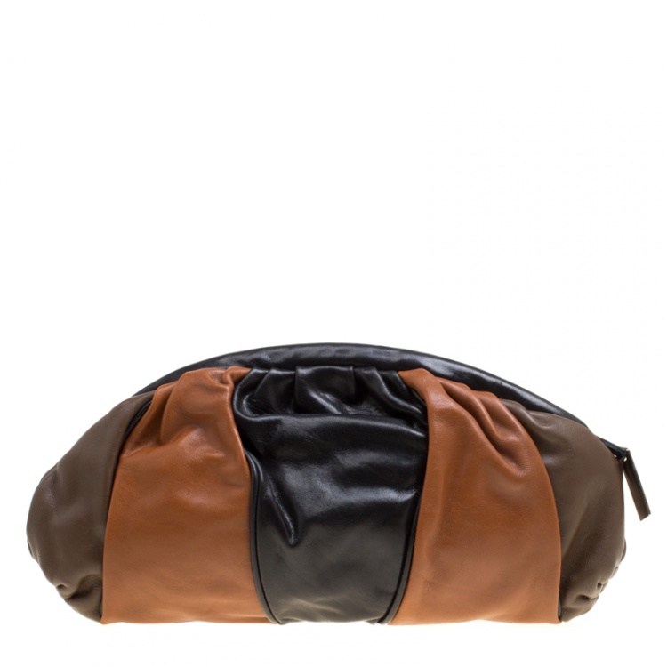 Pre Owned Furla Tri Color Pleated Leather Frame Clutch