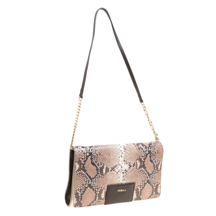 Pre Owned Furla Biege/White Pyhton Embossed and Leather Shoulder Bag