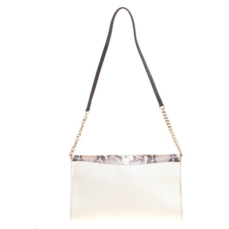 Pre Owned Furla Biege/White Pyhton Embossed and Leather Shoulder Bag