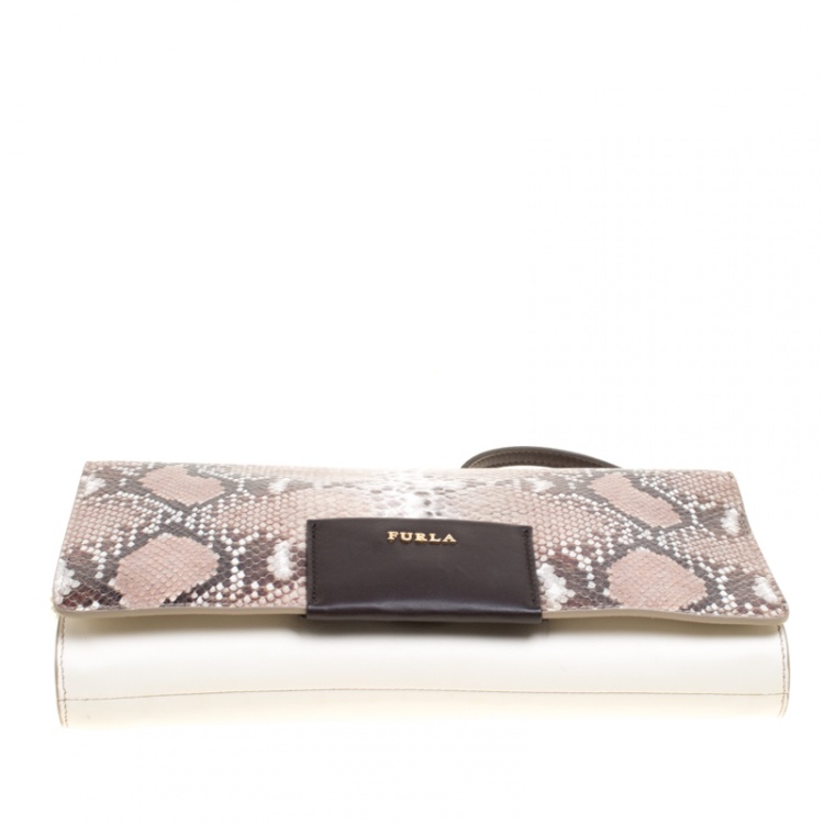 Pre Owned Furla Biege/White Pyhton Embossed and Leather Shoulder Bag