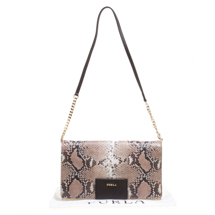 Pre Owned Furla Biege/White Pyhton Embossed and Leather Shoulder Bag