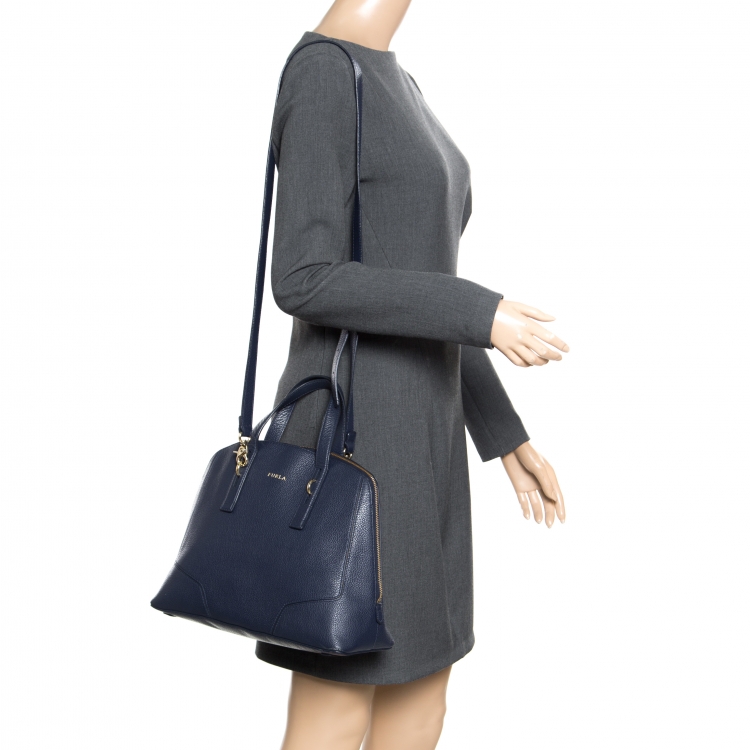 Pre Owned Furla Blue Leather Perla Top Handle Bag
