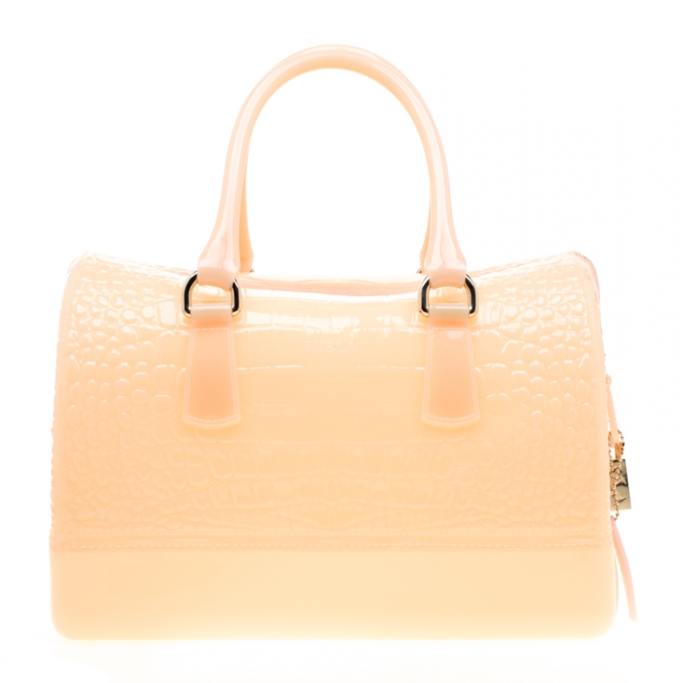 مملوكة مسبقًا Furla Peach Crocodile Embossed Rubber Candy Satchel