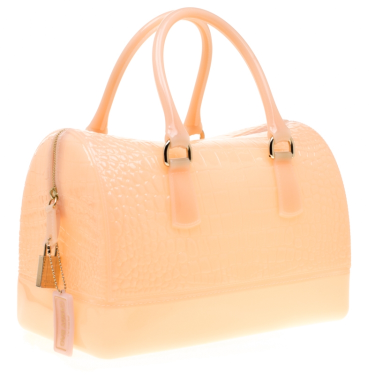 مملوكة مسبقًا Furla Peach Crocodile Embossed Rubber Candy Satchel