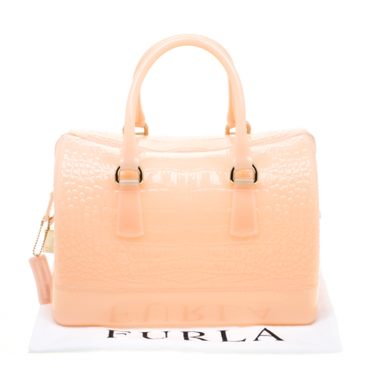 مملوكة مسبقًا Furla Peach Crocodile Embossed Rubber Candy Satchel