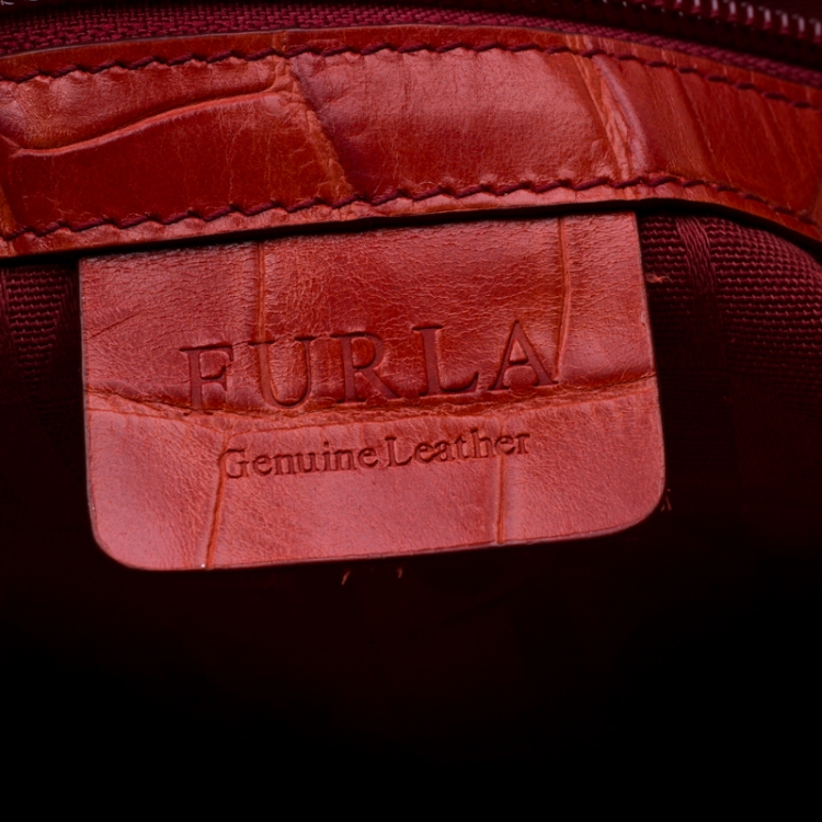 Pre Owned Furla Red Croc Embossed Leather Divide It Tote