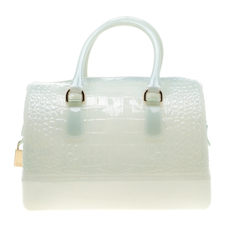 Pre Owned Furla Pale Mint Green Crocodile Embossed Rubber Candy Satchel