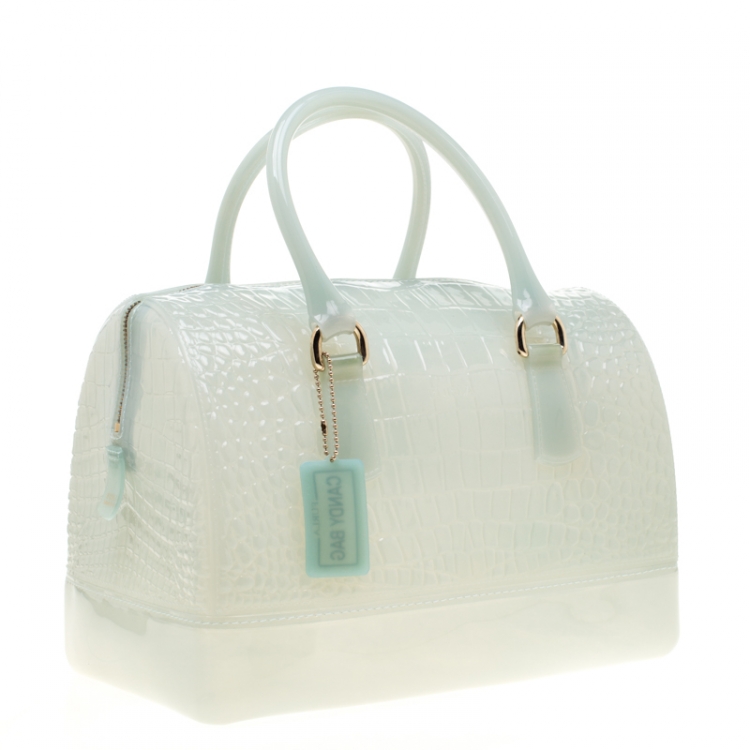 Pre Owned Furla Pale Mint Green Crocodile Embossed Rubber Candy Satchel