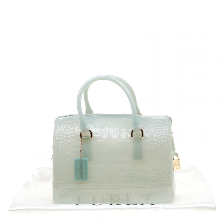 Pre Owned Furla Pale Mint Green Crocodile Embossed Rubber Candy Satchel