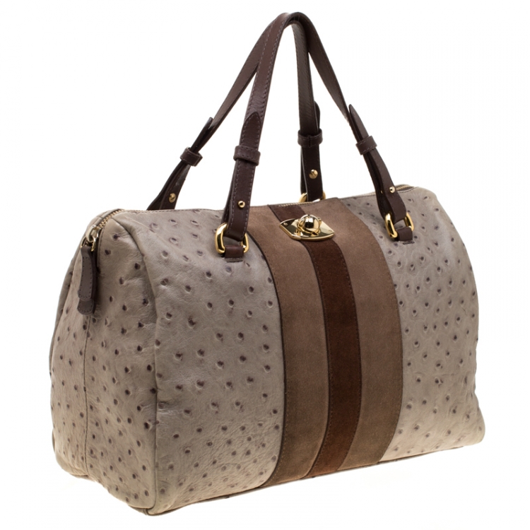 Pre Owned Furla Grey/Brown Ostrich Embossed Leather Satchel