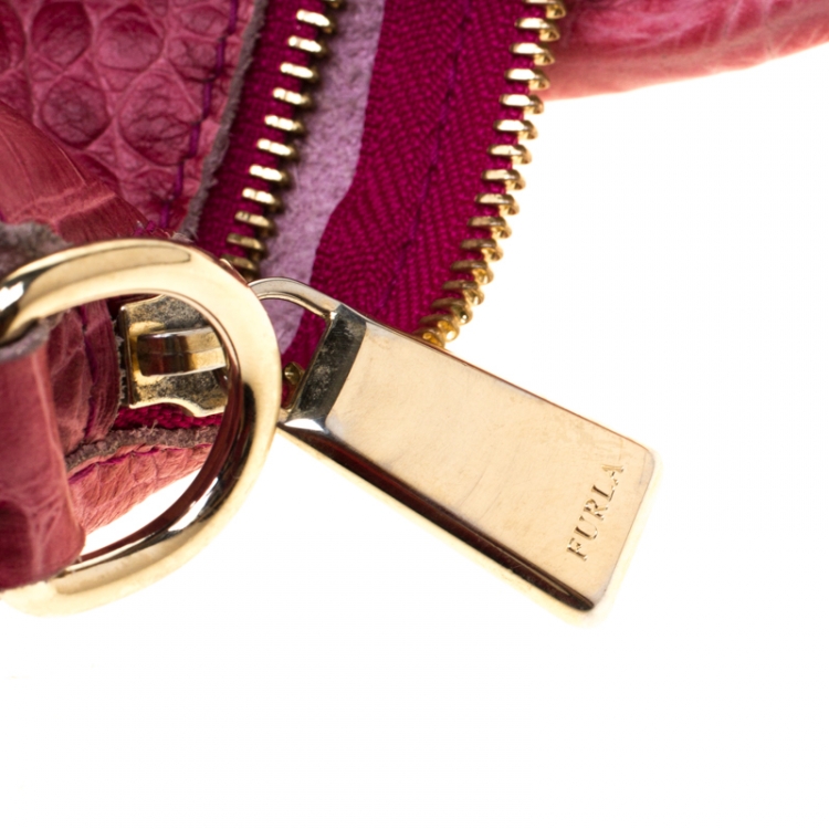 Pre Owned Furla Pink Croc Embossed Leather Satchel