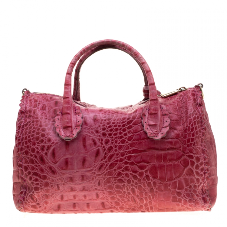 Pre Owned Furla Pink Croc Embossed Leather Satchel