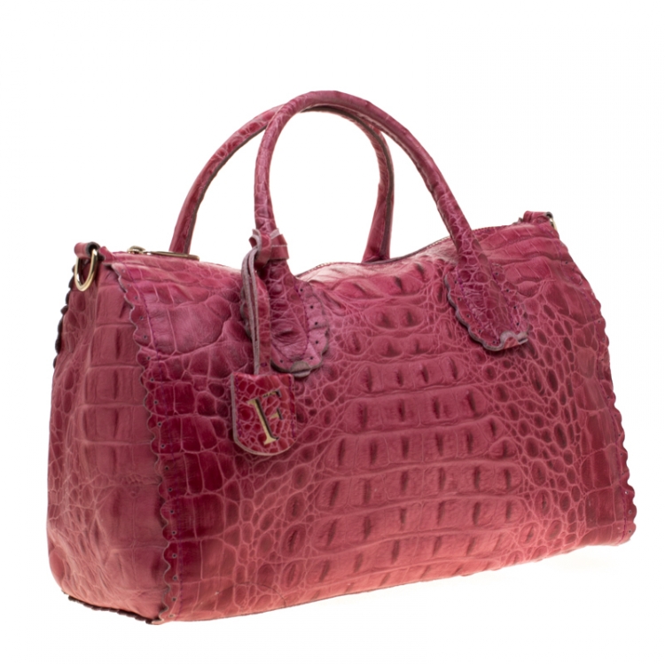 Pre Owned Furla Pink Croc Embossed Leather Satchel
