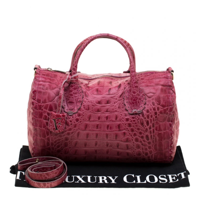 Pre Owned Furla Pink Croc Embossed Leather Satchel