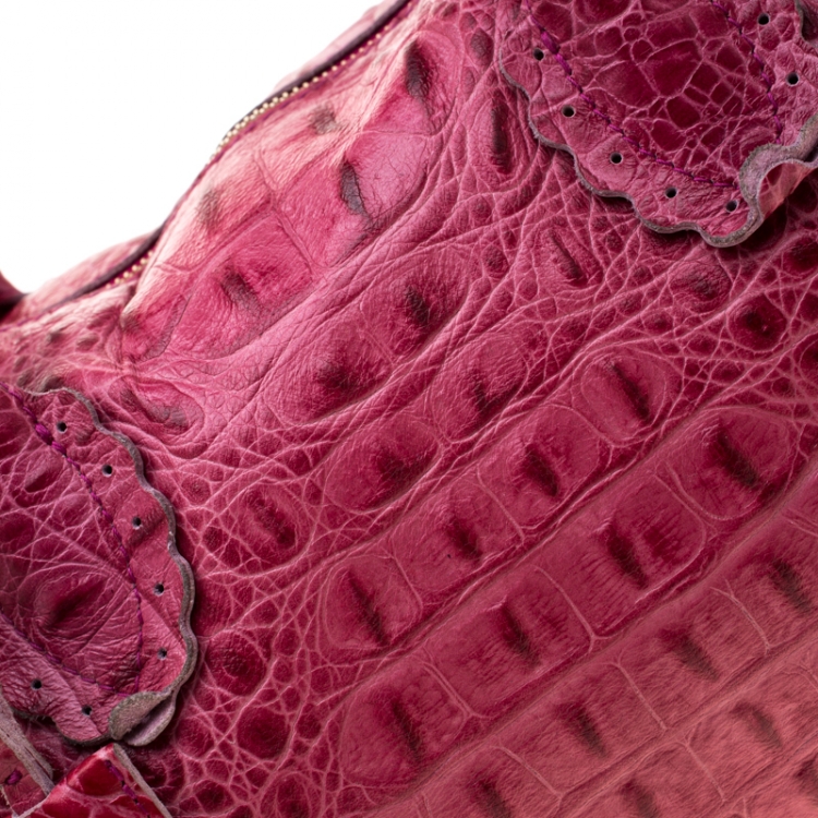 Pre Owned Furla Pink Croc Embossed Leather Satchel