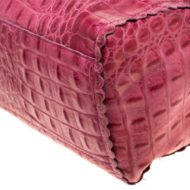 Pre Owned Furla Pink Croc Embossed Leather Satchel