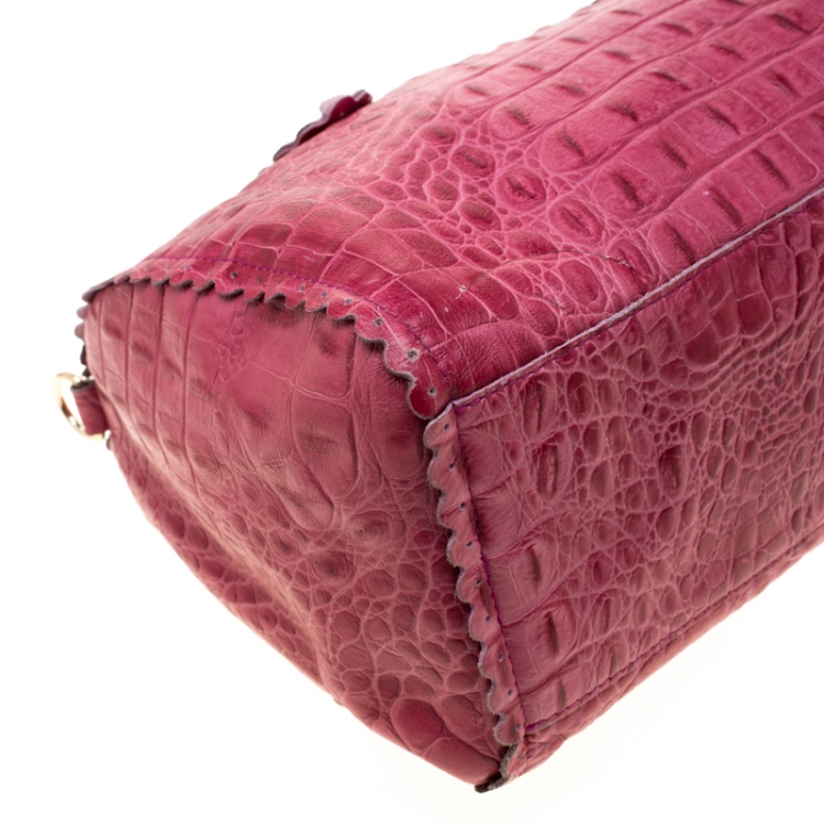 Pre Owned Furla Pink Croc Embossed Leather Satchel
