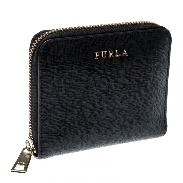 Pre Owned Furla Black Leather Babylon Zip Around Compact Wallet