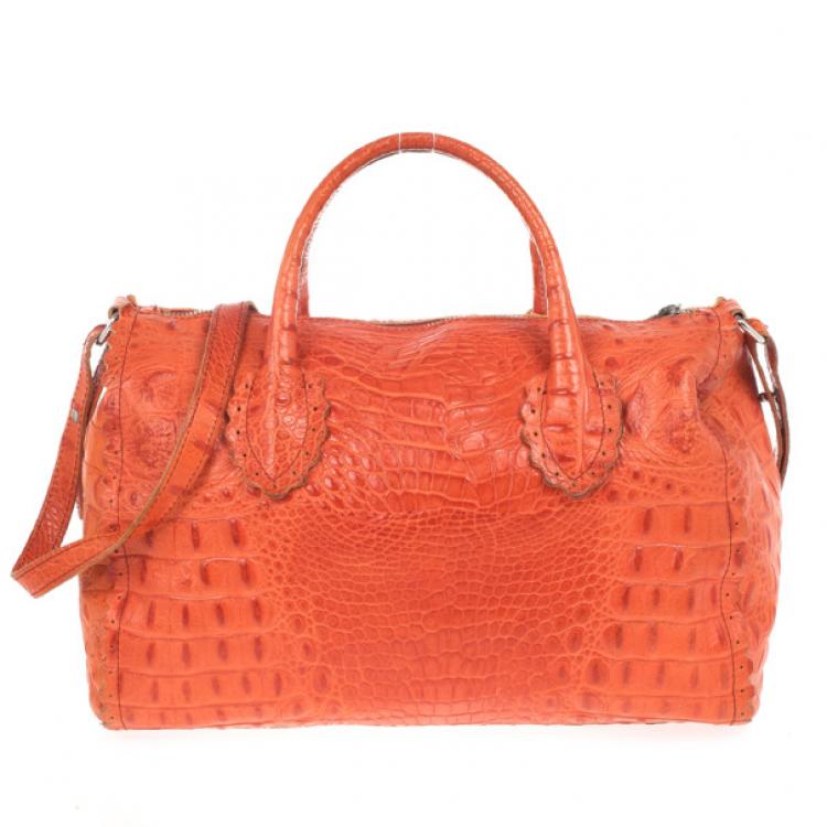 Pre Owned Furla Croc Embossed Bowling Bag