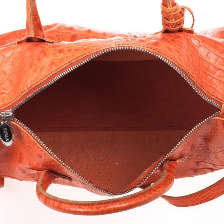 Pre Owned Furla Croc Embossed Bowling Bag