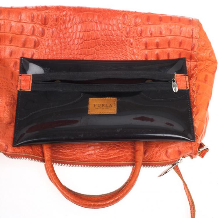 Pre Owned Furla Croc Embossed Bowling Bag