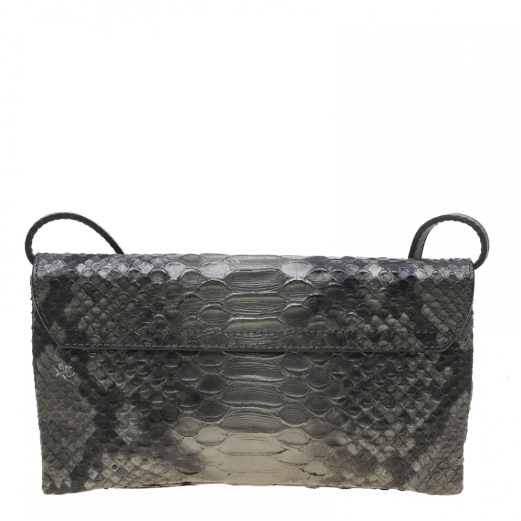 Pre Owned Furla Dark Grey Python Embossed Leather Crossbody Bag