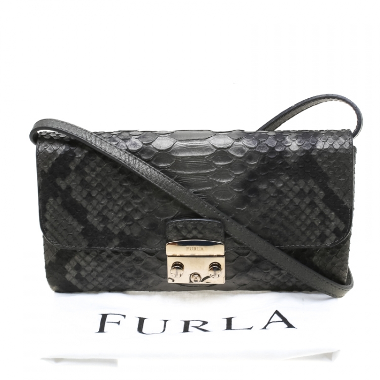Pre Owned Furla Dark Grey Python Embossed Leather Crossbody Bag